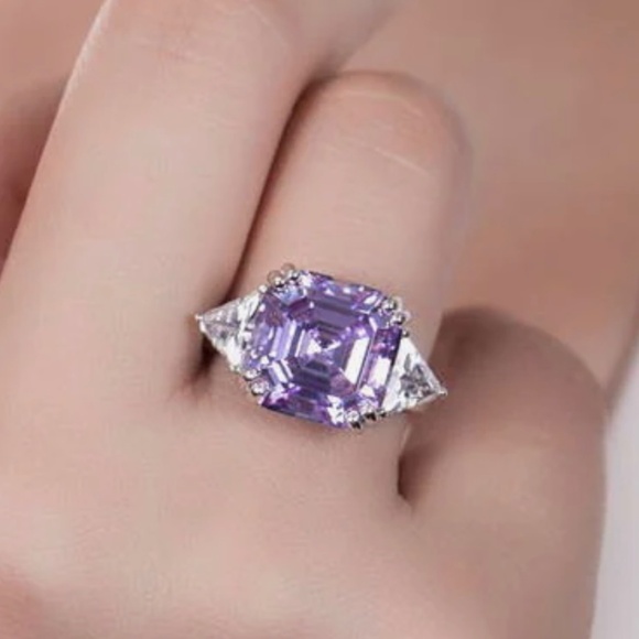 Berricle sterling silver 3-stone purple asscher cut CZ cocktail ring. Size 9. - Picture 7 of 12